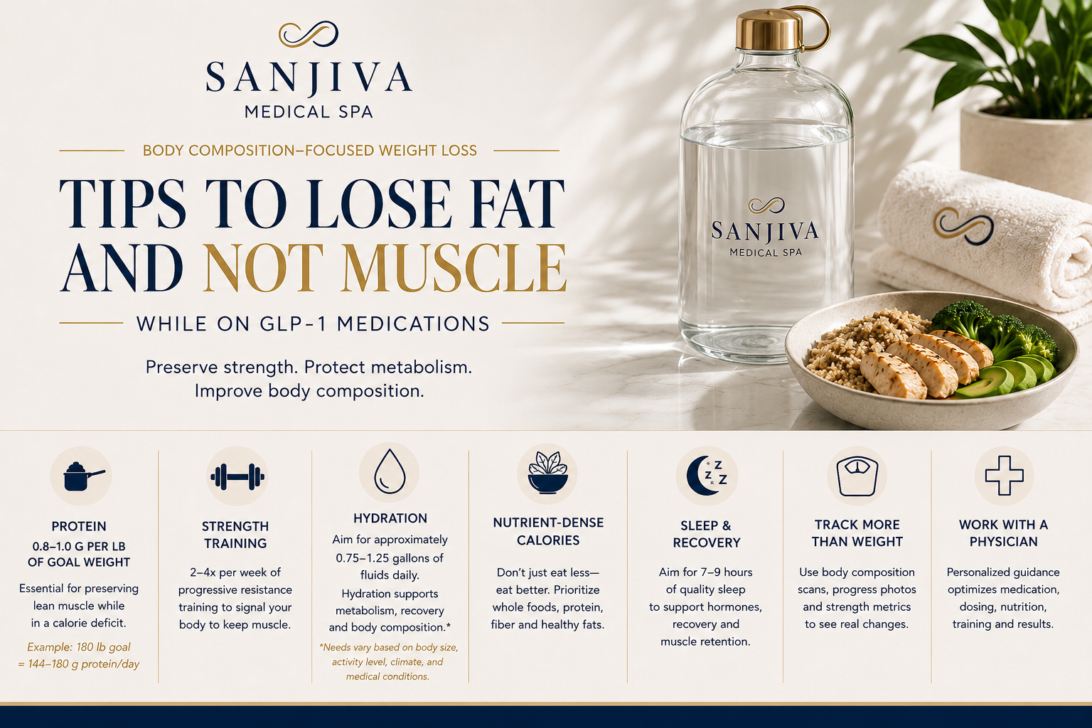 Evidence-based infographic showing how to lose fat and preserve muscle while taking GLP-1 medications through protein intake, resistance training, hydration, nutrient-dense nutrition, sleep, body composition tracking, and physician-guided care